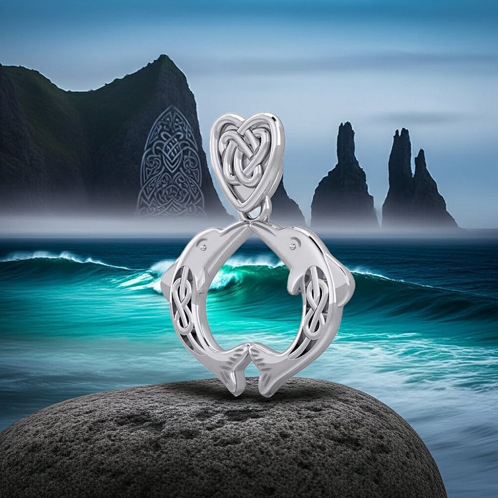Celtic Double Dolphin Celtic Heart Bale Sterling Silver Pendant